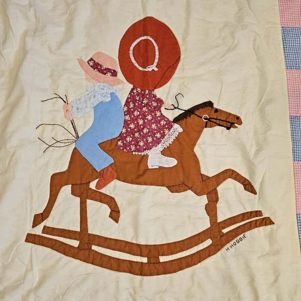 Vintage 70s‎ Homemade Holly Hobbie Quilt Handmade Rocking Horse Patchwork 45x61